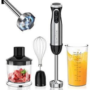 Pureerstaaf, 4-en-1 staafmixer elektrisch, 1000 W, roestvrij staal, garde, 500 ml hakbeker en 700 ml maatbeker voor babyvoeding