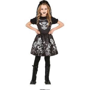 Guirca - Spaans & Mexicaans Kostuum - Lugubere Skelet Danseres - Meisje - Zwart, Wit / Beige - 10 - 12 jaar - Halloween - Verkleedkleding