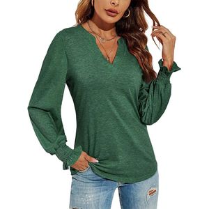 ASTRADAVI Casual Wear - Dames V-Hals Blouse - Stijlvolle Top met Geplooide Mouwen - Heather Groen / Large