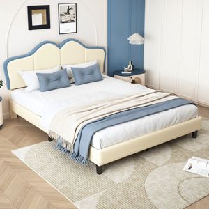 Sweiko Gestoffeerd bed, met zachte beschermranden, Stevige bedpoten, Elegant gestoffeerd hoofdbordprofiel, Tweepersoonsbed, PU, Wit+Blauw, 140x200cm