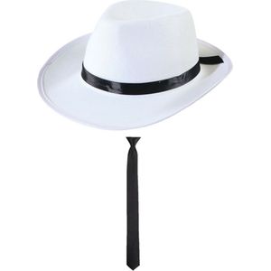 Toppers - Boland - Verkleedkleding set witte gangster hoed en stropdas zwart