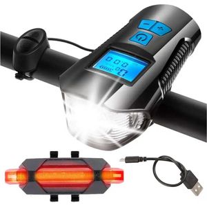Premium Oplaadbare Fietslamp met Snelheidsmeter, Achterlicht en Hoorn - 1500mAh Batterij