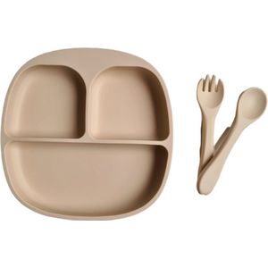 Dinerset - Kinderserviesset - 3 delig kinderserviesset - Siliconen - diner - Bestek - Kinderbestek - kinderservies - kraamcadeau - baby - kind - servies - babyservies - eten - drinken - dinerset - diner - kraampakket - Beige