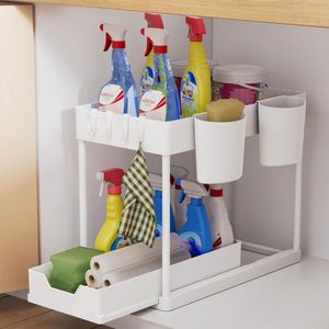 Keukenorganizer, 2 etages, onder wastafel, rek met haak en kop, kruidenrek, vaatwasserkast, organizer, keukenrek, kastorganizer voor badkamer, keuken, wit