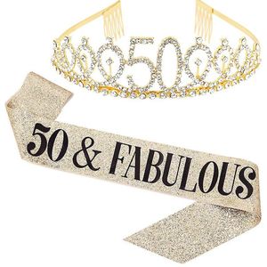 50 & Fabolous set met diadeem en sjerp deLuxe goud glitter - 50 - sarah - verjaardag - 50 & fabulous - sjerp - diadeem