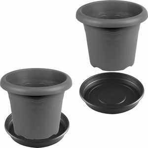2x stuks bloempotten met onder opvangschaal in kleur antraciet grijs - rond diameter 35 cm - Plantenpotten/bakken