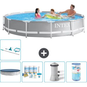 Intex Rond Prism Frame Zwembad - 366 x 76 cm - Grijs - Inclusief Afdekzeil - Onderhoudspakket - Zwembadfilterpomp - Filter - Schoonmaakset