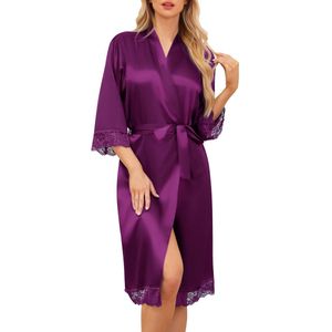 Sopesil Dames Satijnen Badjas Unisex Kamerjas Zijde Lichtgewicht Kimono Bruid V-hals Kamerjas voor Spa Thuis en Hotel, Donkerpaars, L