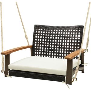 COSTWAY Rotan hangstoel tot 180 kg belastbaar, hangstoel met kussen, houten armleuning en hangtouwen, hangstoel, terrasschommel voor veranda en achtertuin