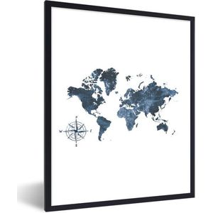 Fotolijst incl. Poster - Wereldkaart - Blauw - Wit - 30x40 cm - Posterlijst