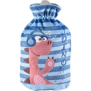 Warmwaterkruik - 0,7L - Kinderkruik met Hoes - Dinosaurus - Blauw - Kruik voor Kinderen