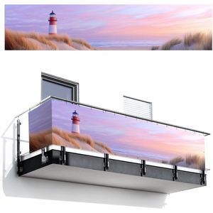 Balkonscherm 500x110 cm - Balkonposter Vuurtoren - Duinen - Zonsondergang - Balkon scherm decoratie - Balkonschermen - Balkondoek zonnescherm