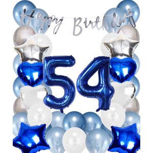 Snoes Ballonnen 54 Jaar Set Mega Blauw Zilver Ballon - Compleet Feestpakket Cijferballon 54 Jaar - Verjaardag Versiering Slinger Happy Birthday – Folieballon – Latex Ballonnen - Helium Ballonnen