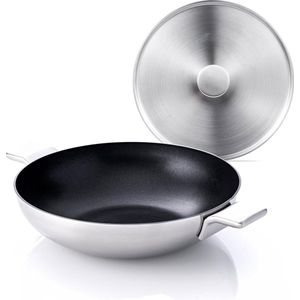 28 cm wokset met deksel - gemaakt van roestvrij staal - binnenkant met antiaanbaklaag, zwart - roestvrijstalen handgreep - geschikt voor inductie