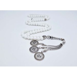 Handgemaakte tesbih ""Tasbih"" natuursteen ""Mat Witte agaat"" - Aantal kralen 99 - Diameter kralen 8MM - met metaal tassel ""Masha' allah-1"" - Een mooi cadeau-idee