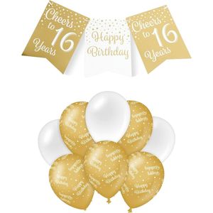 Paperdreams Luxe 16 jaar/Happy Birthday feestversiering set - Ballonnen & vlaggenlijnen - wit/goud