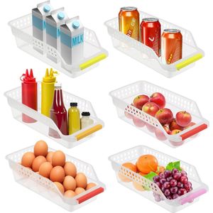 Pakket van 6 koelkastorganisatoren, koelkastlades met 4 koelkastmatten, gemakkelijk uittrekbare opbergdoos voor keuken, groenten, fruit, melk (willekeurige kleur)