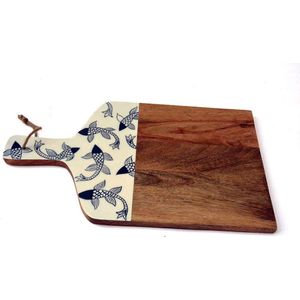 Floz Design serveerplank - houten snijplank - blauw wit met vissen - handgemaakt en fairtrade