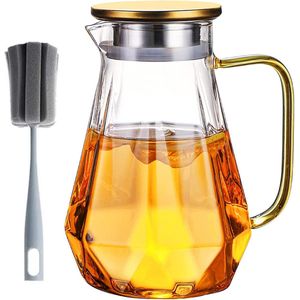 2.0 Liter glazen karaf met deksel en 1 Bodemfles borstel, Grote Capaciteit Water karaf die kan worden bevroren en verwarmd, hoge kwaliteit waterkan voor koffie, thee