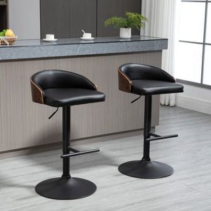 2 Set Bark Stool Roteerbare stoelstoelen met voetsteun Hoogte verstelbare keukenstoelen Roterende stoelen kunstmatig leer hout zwart+koffie 48 x 49,5 x 76-96 cm