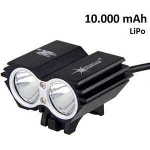 SolarStorm X2 MTB/race LED koplamp 2x CREE T6 LED klein maar EXTREEM veel licht - USB aansluiting - met 10.000mAh LiPo powerbank - Zwart