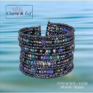 Clayre & Eef spang armband met rocaille glaskralen - nr. 792 - antraciet / blauw / zilver grijs / aqua meisjes - volwassenen jeugd - casual feest