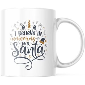 Kerst Mok met tekst: I believe in unicorns and Santa | Kerst Decoratie | Kerst Versiering | Grappige Cadeaus | Koffiemok | Koffiebeker | Theemok | Theebeker