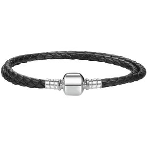 Armbanden - Zilveren Armbanden - Armband Dubbel Leer Zwart | Kogel sluiting | 925 Sterling Zilver - Pandora compatible - 925 Zilver Certificaat - In Leuke Cadeauverpakking - Moederdag kado