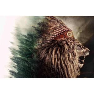 Native Lion op Textiel in Frame - WallCatchers-sStaand 180 x 120 cms-sBreed zwart Textielframe 27 mm