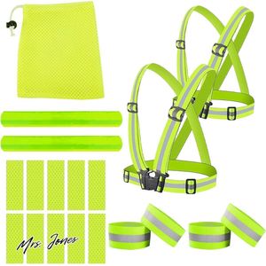 Mrs. Jones Stuks Reflecterend Vest voor Hardlopen - Hoog Zichtbaar Veiligheidsvest voor Dames en Heren Licht en Elastisch Reflecterend Loopvest Inclusief Hand/Arm/Voetriemen voor Motorfiets .