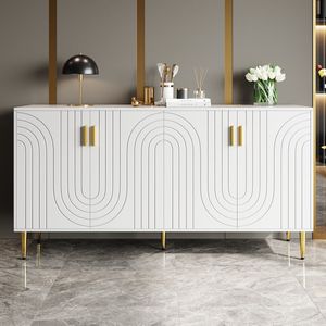 Dressoir, Wit (152 x 40 x 75 cm), met Een Uniek Golvend Ontwerp en gouden handgrepen en pootjes voor een elegante eethoek