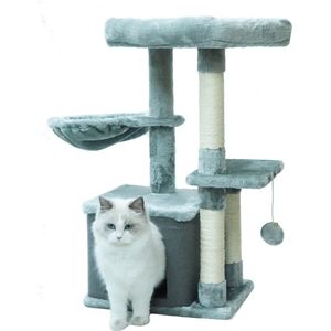 MaxxPet Krabpaal - Kattenspeeltuig - Krabton - Kattenhuis - Kattenkrabpaal 4 verdiepingen - 3 ligplekken + Kattenhuisje met extra speeltjes - 40x30x77cm - Grijs