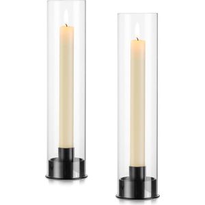 Kaarsenhouder Zwarte kaarsenhouder Glazen lantaarn: set van 2 conische kandelaars met glazen cilinder Woonkamer moderne kaarsenhouder voor conische kaarsen Kersttafeldecoratie