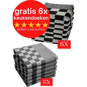 Droomtextiel Horeca Kwaliteit Katoenen Theedoeken set - 6x Theedoeken - Zwart Wit + Gratis 6 keukendoeken t.w.v €22,95