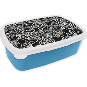 Broodtrommel Blauw - Lunchbox - Brooddoos - Patronen - Bloem - Zwart Wit - 18x12x6 cm - Kinderen - Jongen