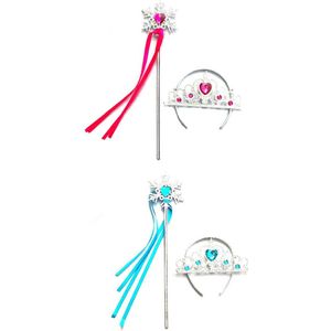 Prinses roze blauw accessoire set kroon en staf - 2 x set