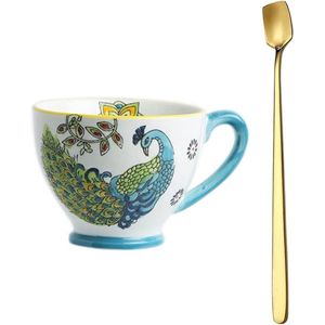 Retro handgeschilderde mok 350 ml - Flower Art kopje koffiekop vintage design hoogwaardige porseleinen mok met gouden lepel (pauwen)