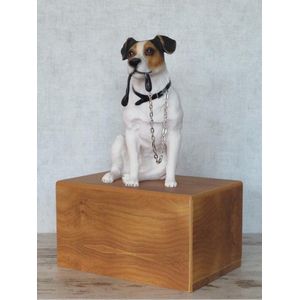 houten urn hond met zittende Jack Russell Terriër - hondenurn