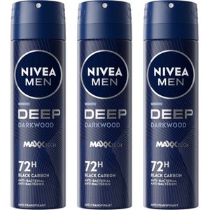 NIVEA MEN Deo Spray - Deep Black Carbon Dark Wood - 3 x 150 ml - 72H Bescherming