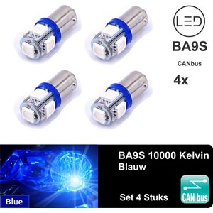 Autolampen 4x BA9S Blauw 10000k T11 T4W - 5 SMD Led Signal Light - 12V - Knipperlicht - 3030SMD Blue - 4 Stuks