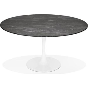 Alterego Ronde eettafel 'SHADOW' van zwart glas met marmereffect en centrale witte poot - Ø 140 cm