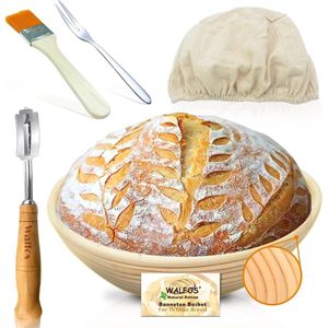 Ronde Rijsmand voor Broodbakset, 100% Natuurlijk Riet, Inclusief Bakkersmes, Borstel, Broodvork en Linnen Deksel, Ideaal voor Thuis en Professioneel Bakken, 23 cm.