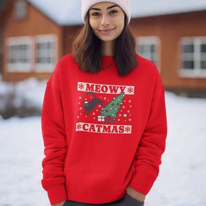 Foute Kersttrui - Kleur Rood - Meowy Catmas - Maat XS - Uniseks Pasvorm - Kerstkleding voor Dames & Heren
