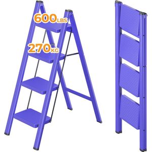 4 stappen opvouwbare ijzeren opstapkruk met bredere antislip gewatteerde treden, multifunctionele ladder voor keuken, thuis en op kantoor, 600 lb laadvermogen, blauw