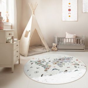 Kinderkamer Vloerkleed Rond Tapijt|Educatieve kindertapijten|Antislip Kindervloerkleed|Kinderen Tapijt Decor|Speelkleed|Kleurrijk kindervloerkleed|Dinosaurus Avontuur