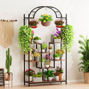 Plantenstandaard Binnen - Plantenrek Binnen - Industrieel Plantenrek - 190cm - 5-Laags Hoge - Metalen en Haken - Houten Planken - voor Binnen & Buiten - Broen