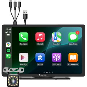 Siltcon® Carplay Scherm 9 Inch - Apple Carplay Scherm - Android Auto Scherm - Navigatiesysteem Auto - HD Achteruitrijcamera - Touchscreen - AUX - FM - BT - Universeel - Incl. Oplaadkabels Telefoon - Zwart
