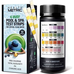 Health Metric 4-Way Pool and Spa Test Strips | 50 ct | Swimming Pool Testing Strip Kit for Chlorine Alkalinity pH & Cyanuric Acid | Easy to Use Chemical Tester | Fast & Accurate Water Maintenance