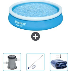 Bestway Rond Opblaasbaar Fast Set Zwembad - 366 x 76 cm - Blauw - Inclusief Pomp - Schoonmaakset - Solarzeil