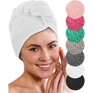 Premium Haartulband met knoop van 100% katoen - haarhanddoek incl. 4 haarelastiekjes - voor kort en lang haar - tulband handdoek is sneldrogend en absorberend (wit)